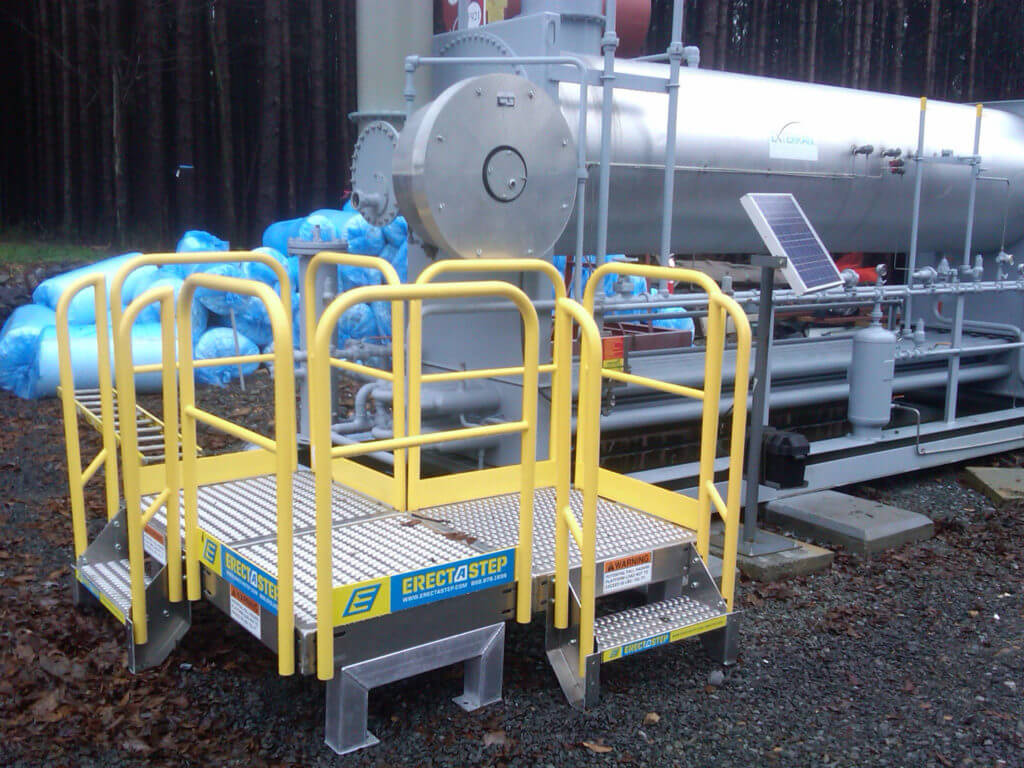 Erectastep industrial stairs and platform around facility